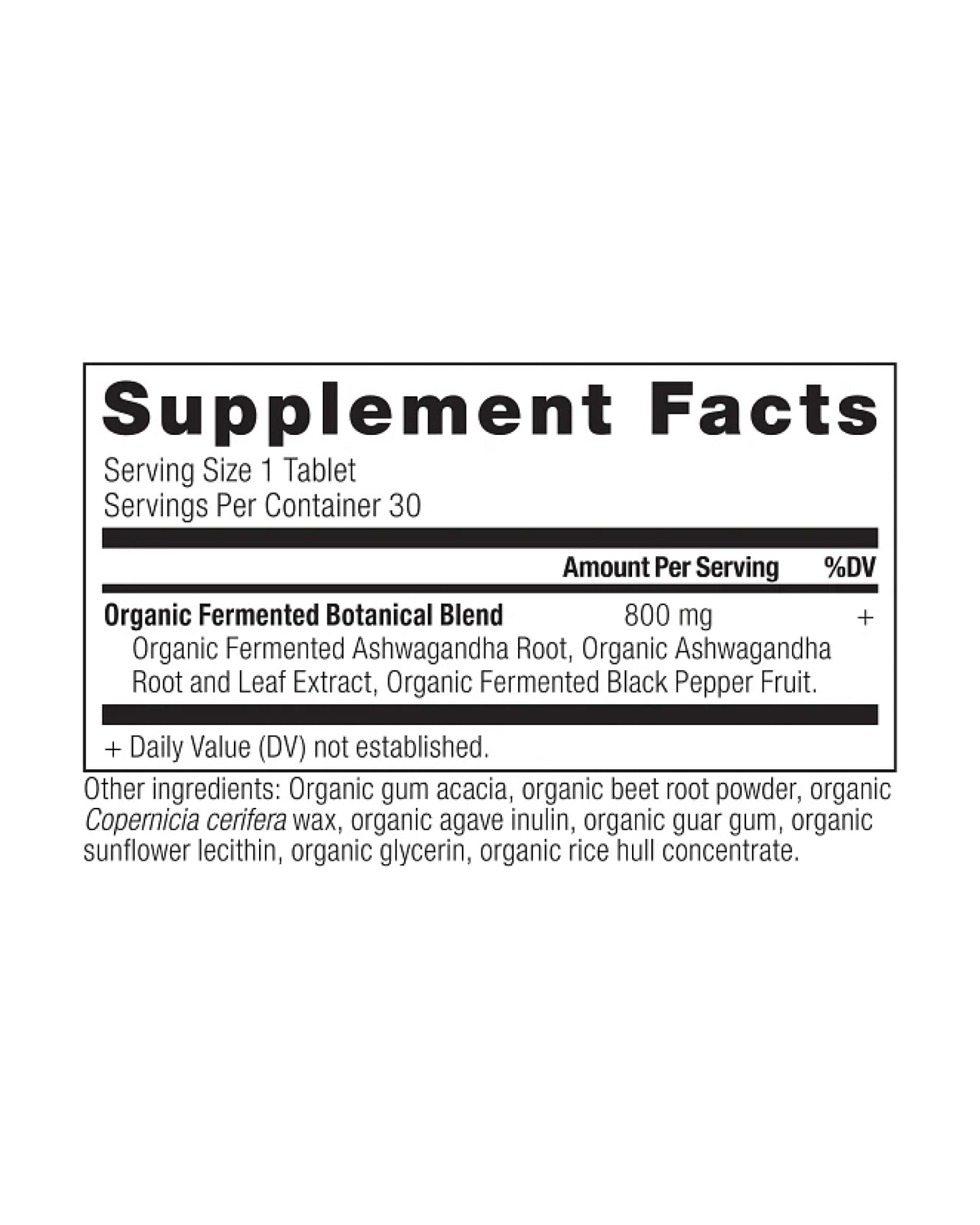 The nutrition panel of Ancient Nutrition Organic Ashwagandha Tablets