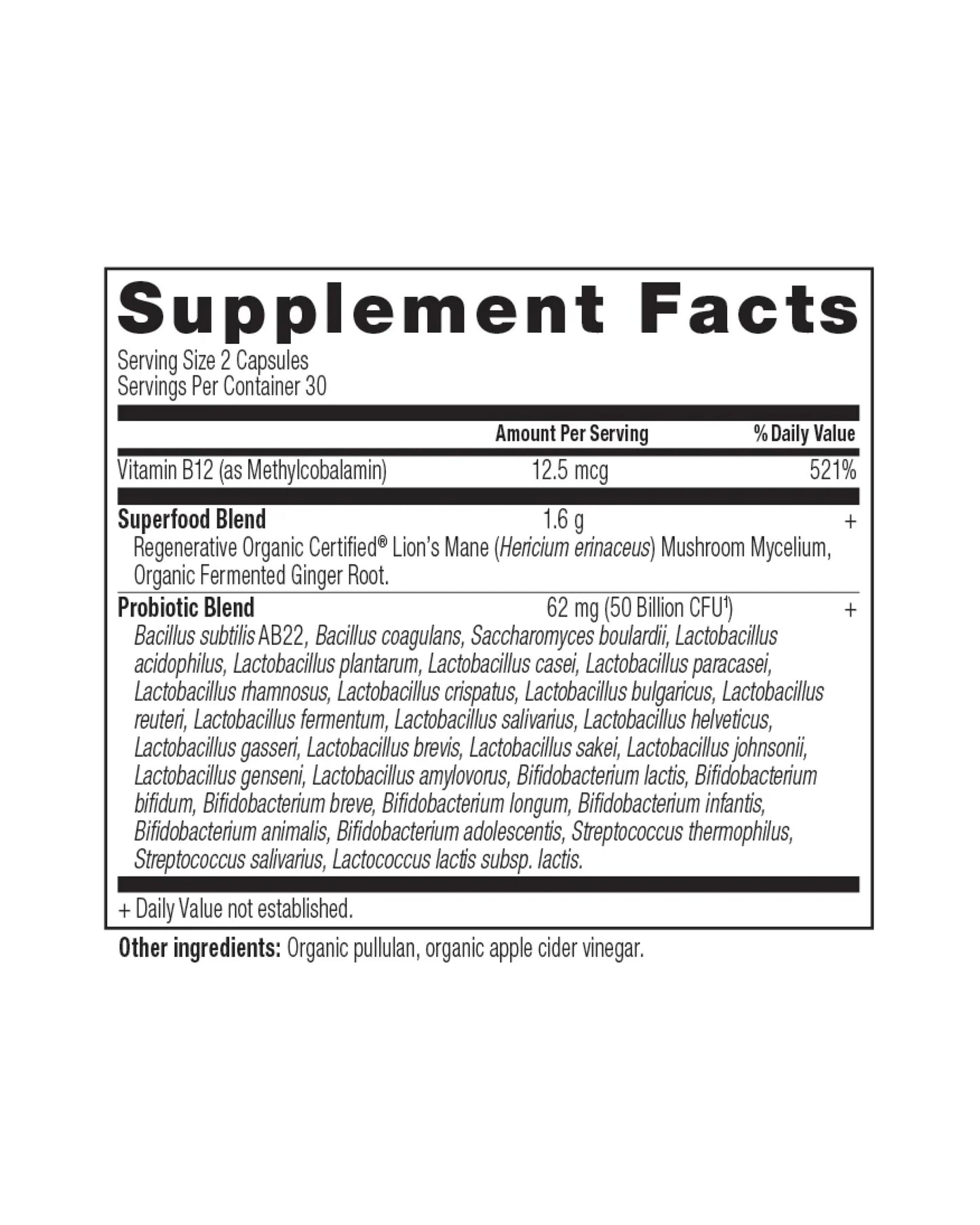 The nutrition panel of Ancient Nutrition Regenerative Organic Certified™ Extra Strength Probiotics Capsules