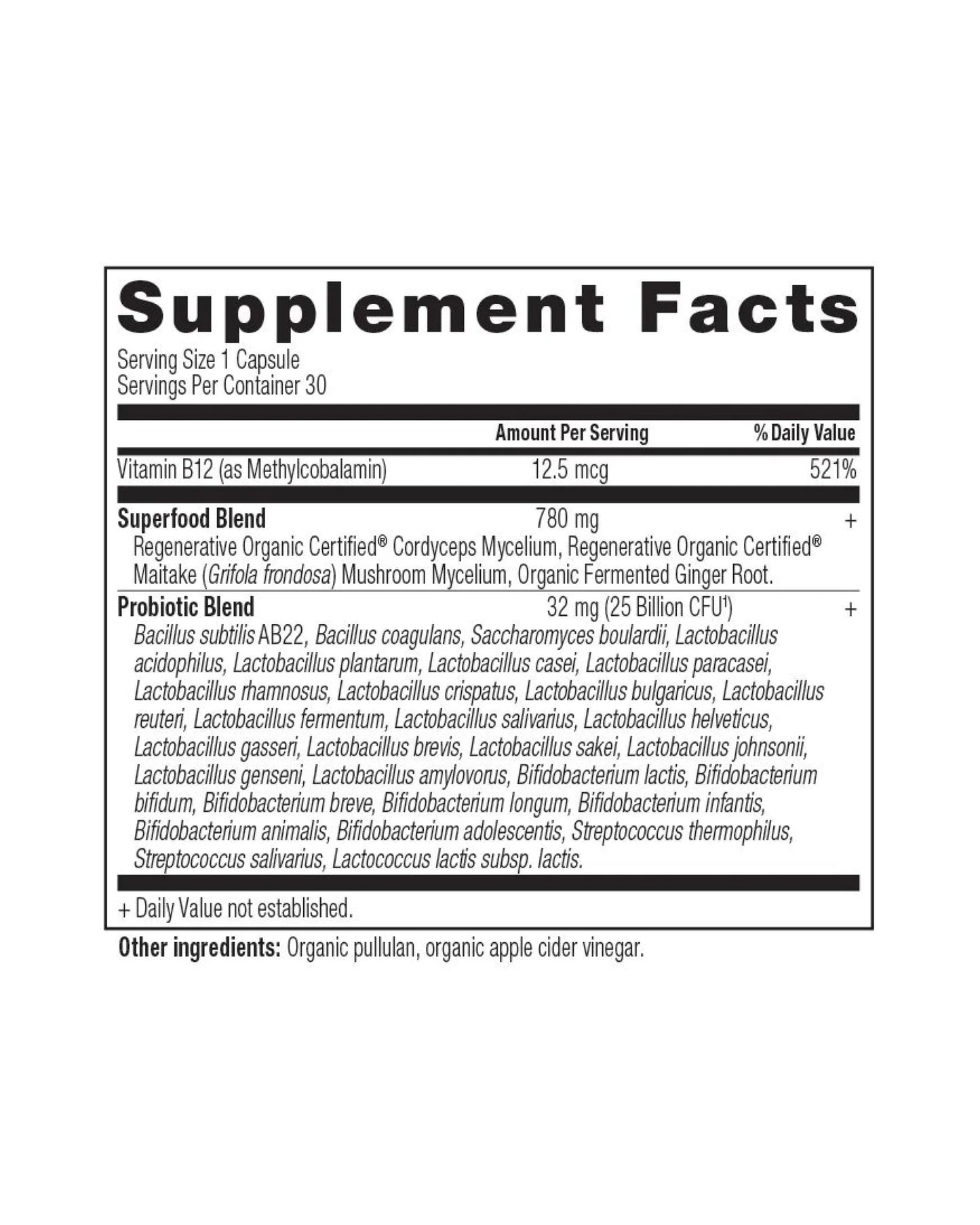 The nutrition panel of Ancient Nutrition Regenerative Organic Certified™ Once Daily Probiotics Capsules