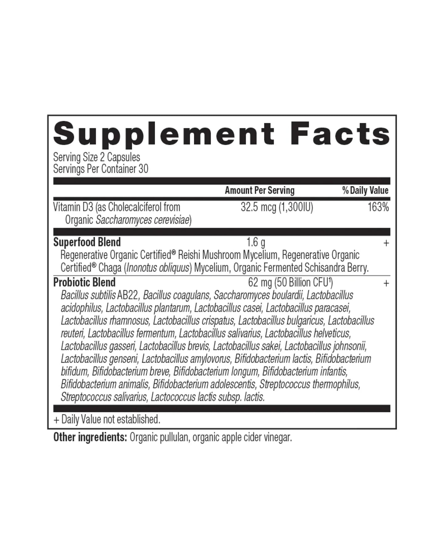 The nutrition panel of Ancient Nutrition Regenerative Organic Certified™ Women's Extra Strength Probiotics Capsules