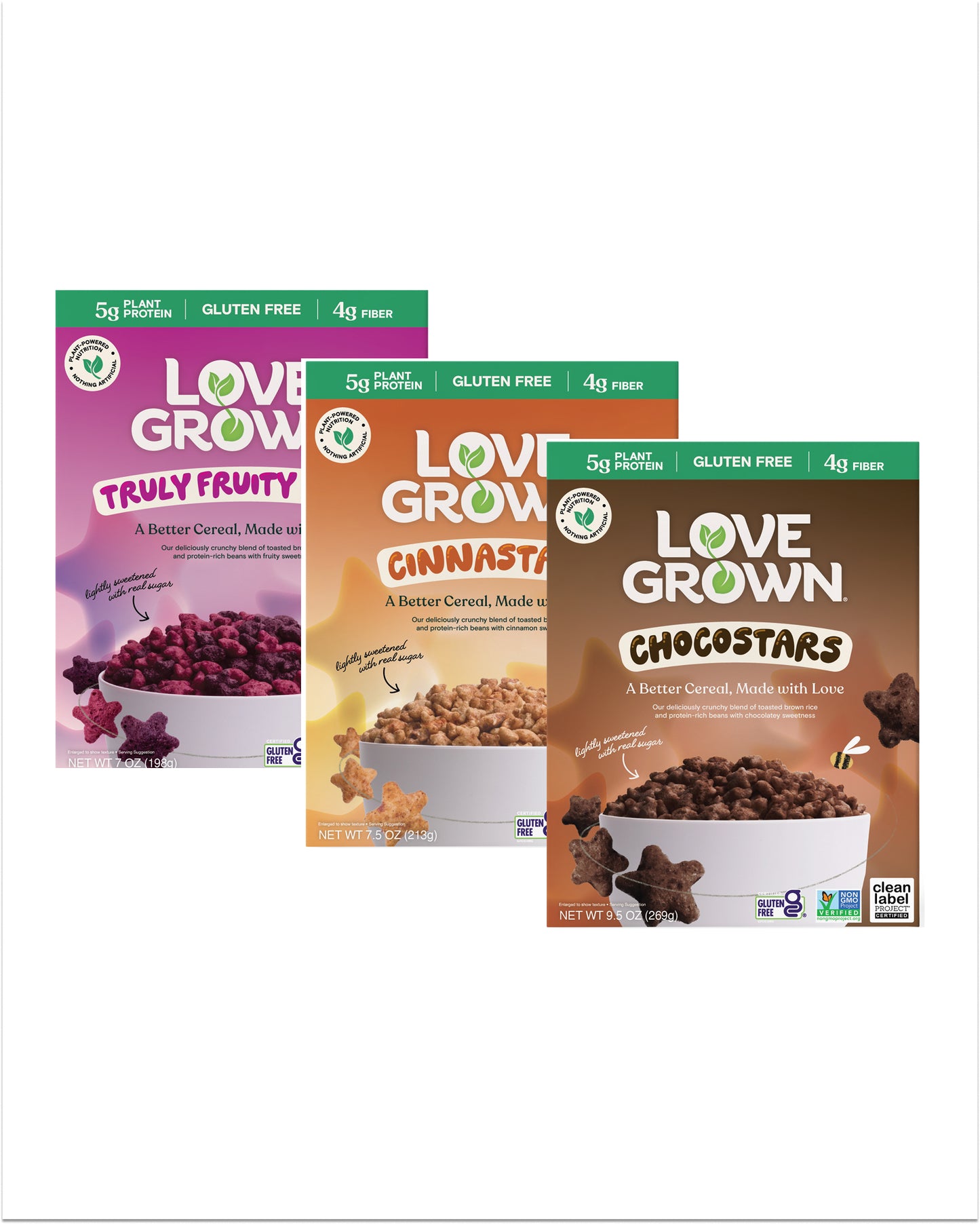 Three boxes of Love Grown cereal with different flavors on a white background
