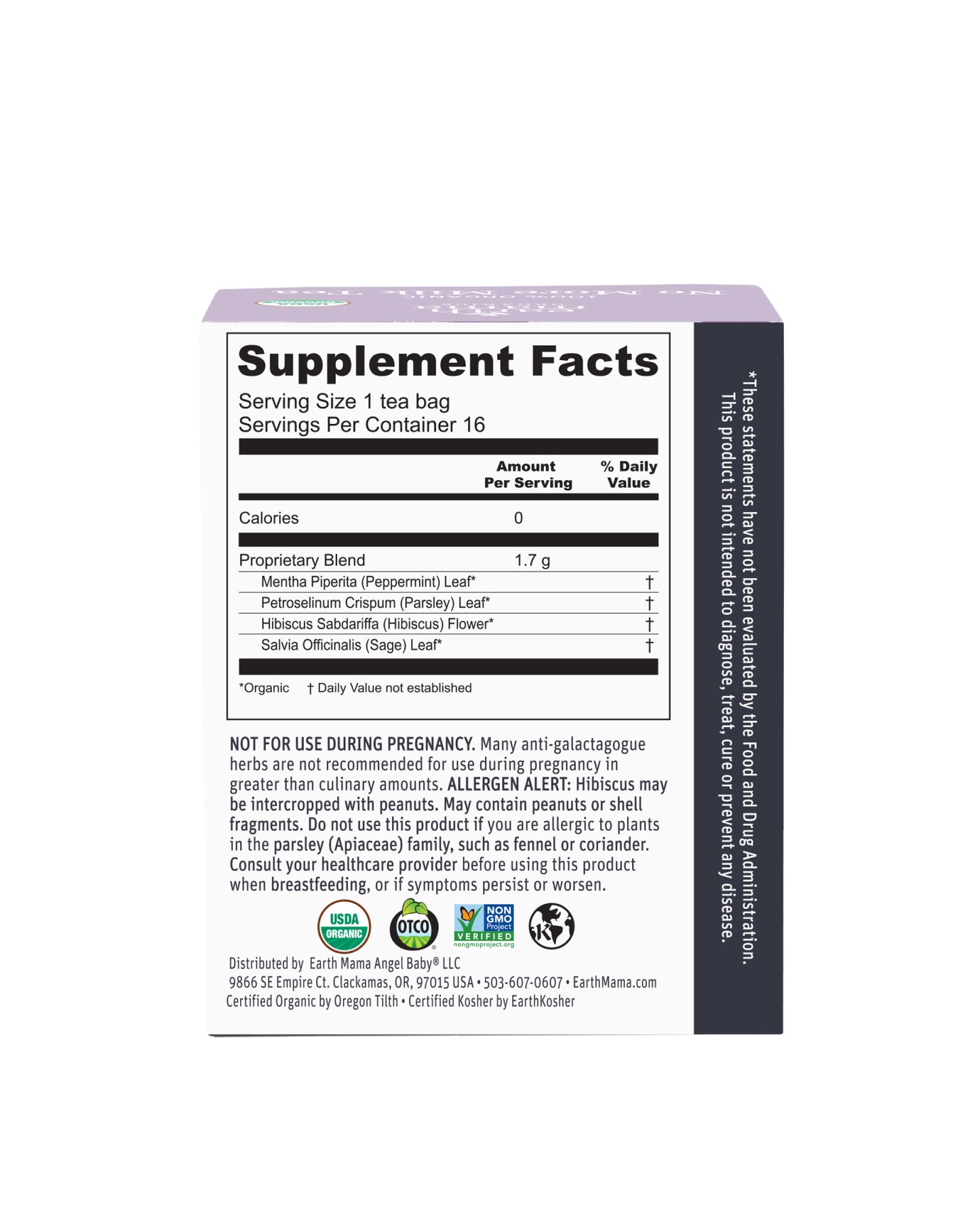 The back of Earth Mama Organic No More Milk Tea