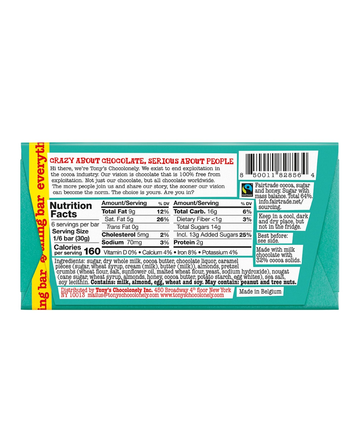 The back of Tony's Chocolonely Caramel, Almond, Nougat, Pretzel & Sea Salt Milk Chocolate Everything Bar