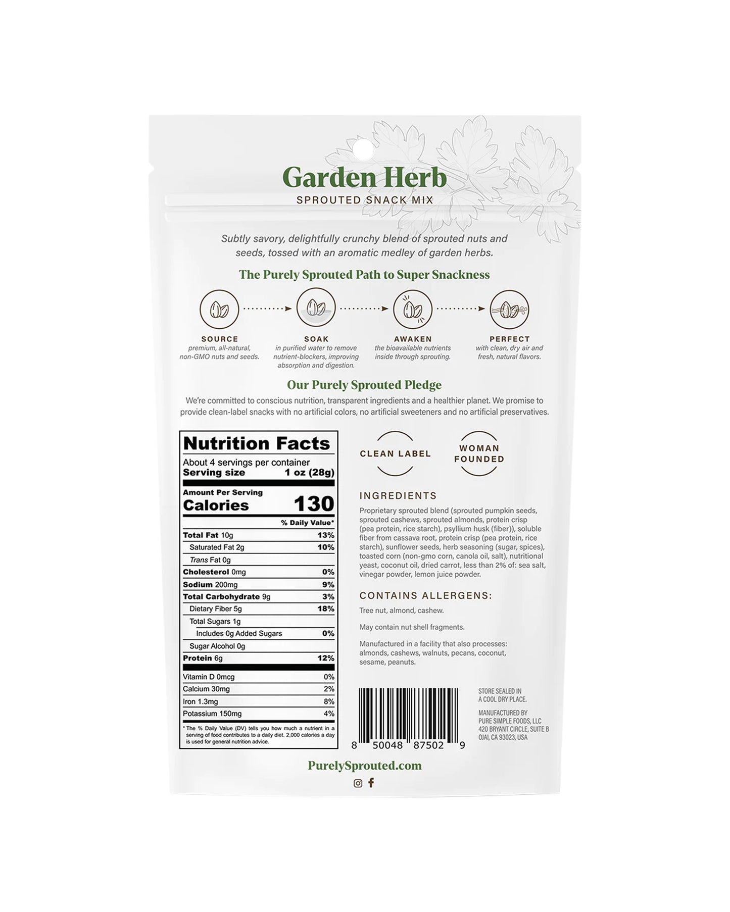 The back of Purely Sprouted Garden Herb Sprouted Nut and Seed Snack Mix