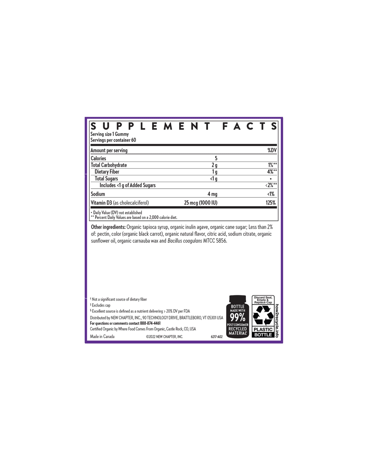 The back of New Chapter Strength Support Vitamin D3+ Gummy