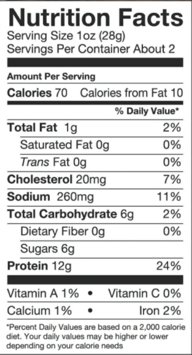 The nutrition panel of Think Jerky Sweet Chipotle 100% Grass-Fed Beef Jerky