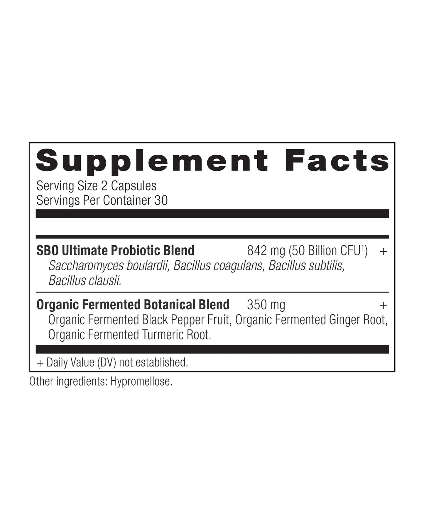 The nutrition panel of Ancient Nutrition Ultimate SBO Probiotics Capsules