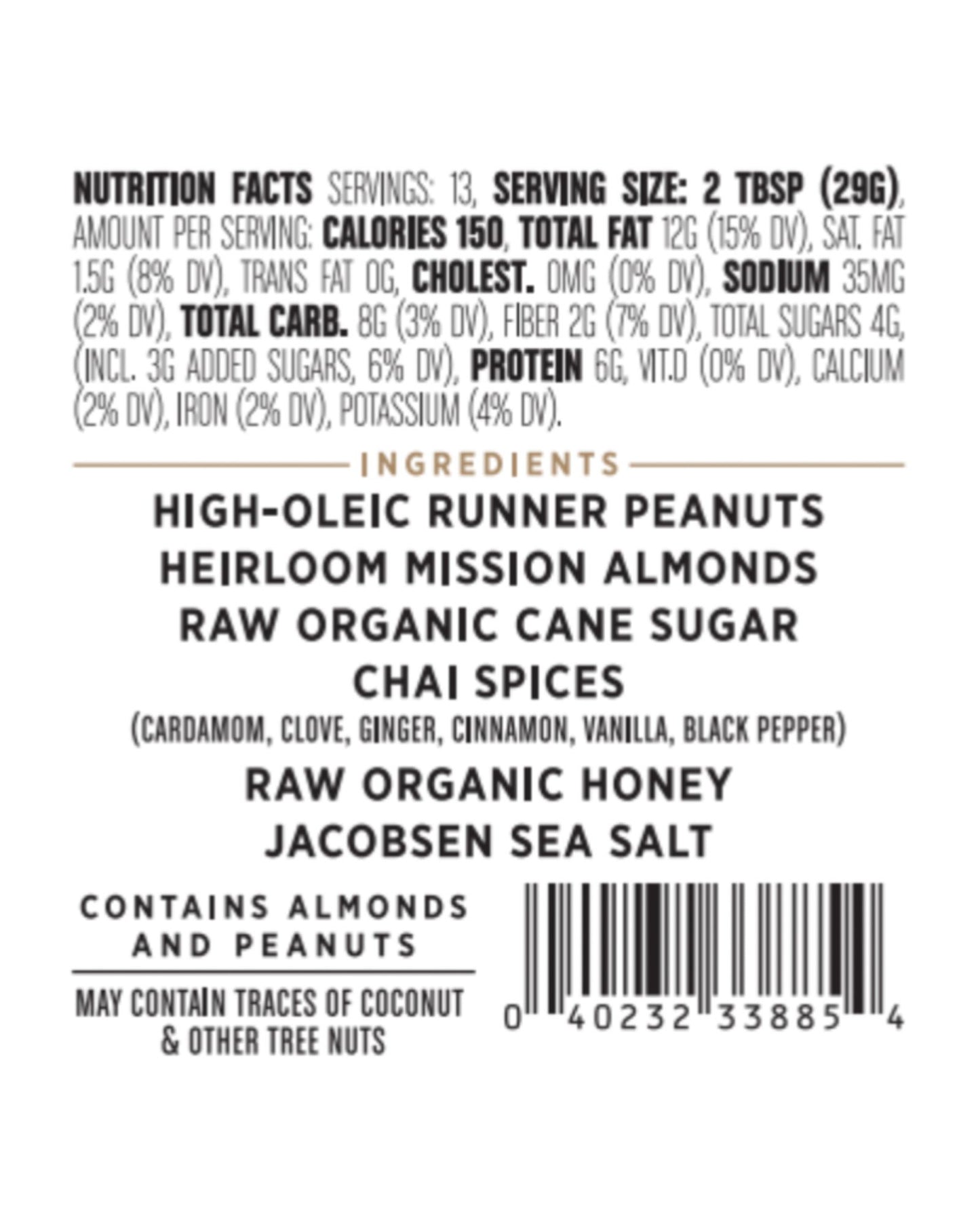 The nutrition panel of Big Spoon Roasters Chai Spice Peanut & Almond Butter with Sea Salt