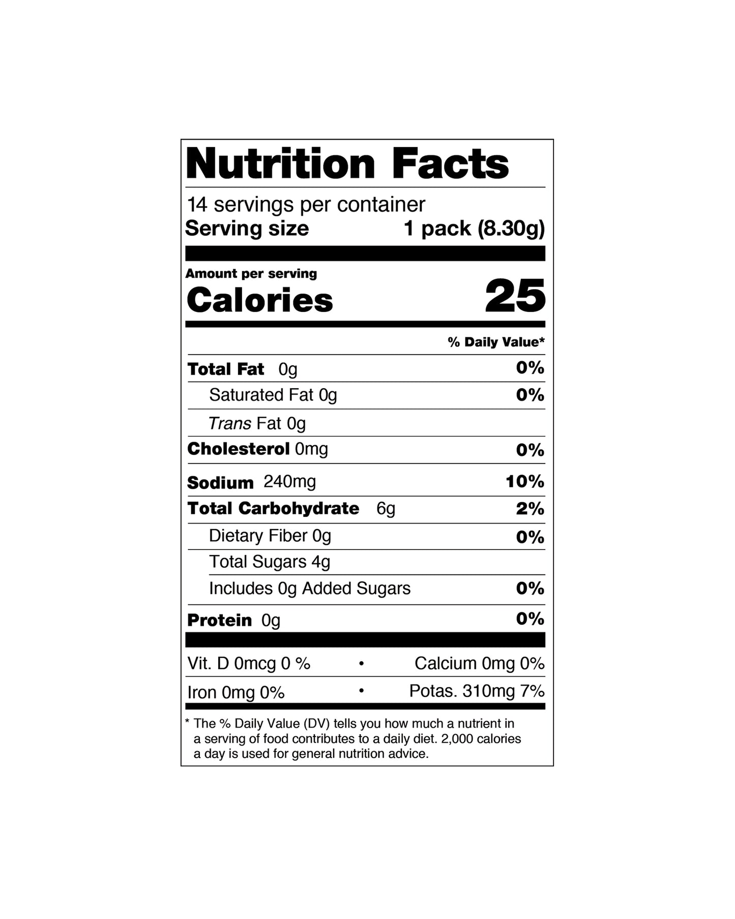 The nutrition panel of Cure Lemon Hydration Mix Packets - 14 Count