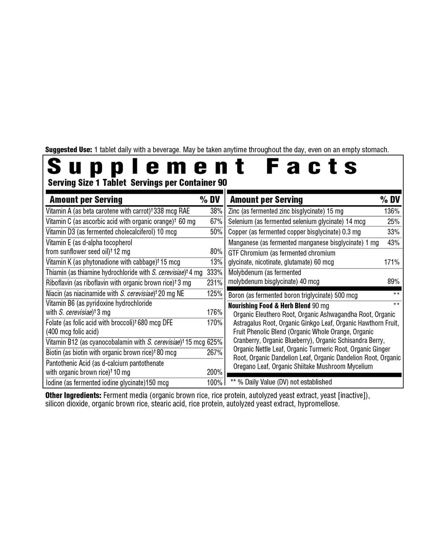 The nutrition panel of MegaFood Men Over 40™ One Daily Tablets