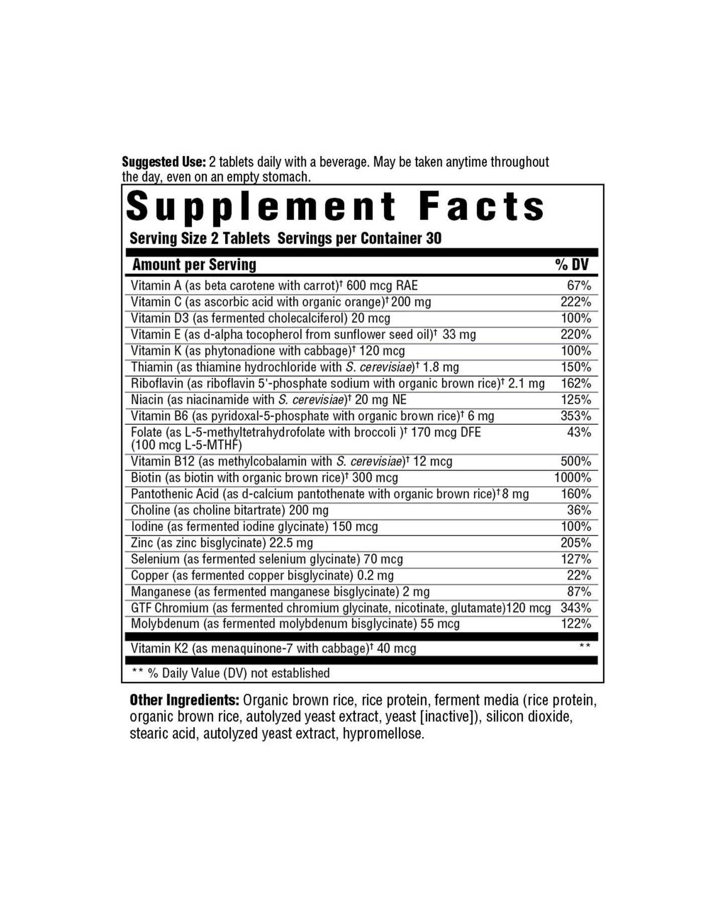The nutrition panel of MegaFood Multi for Men Tablets