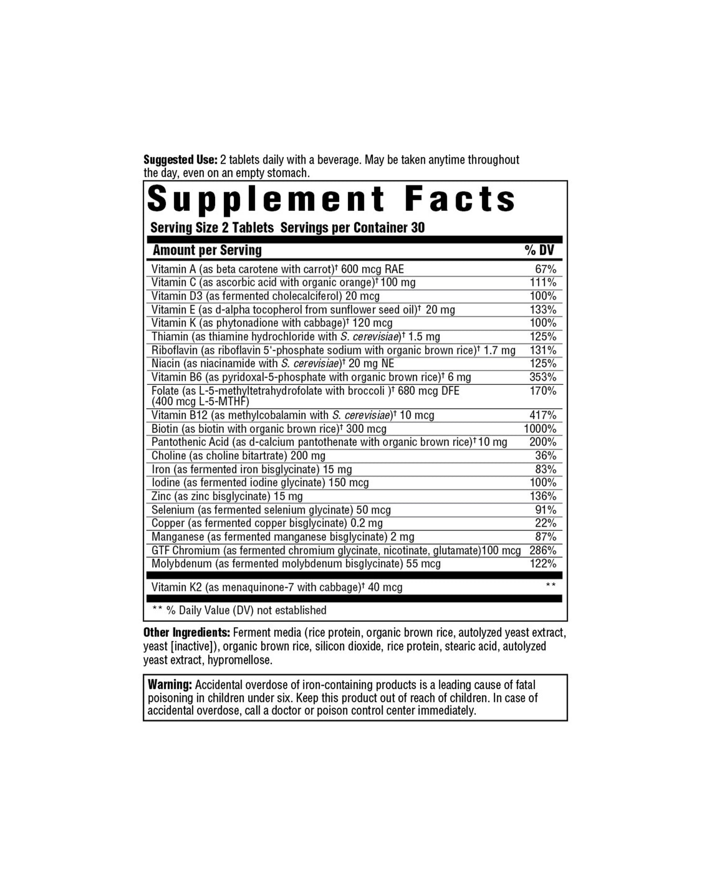The nutrition panel of MegaFood Multi for Women Tablets