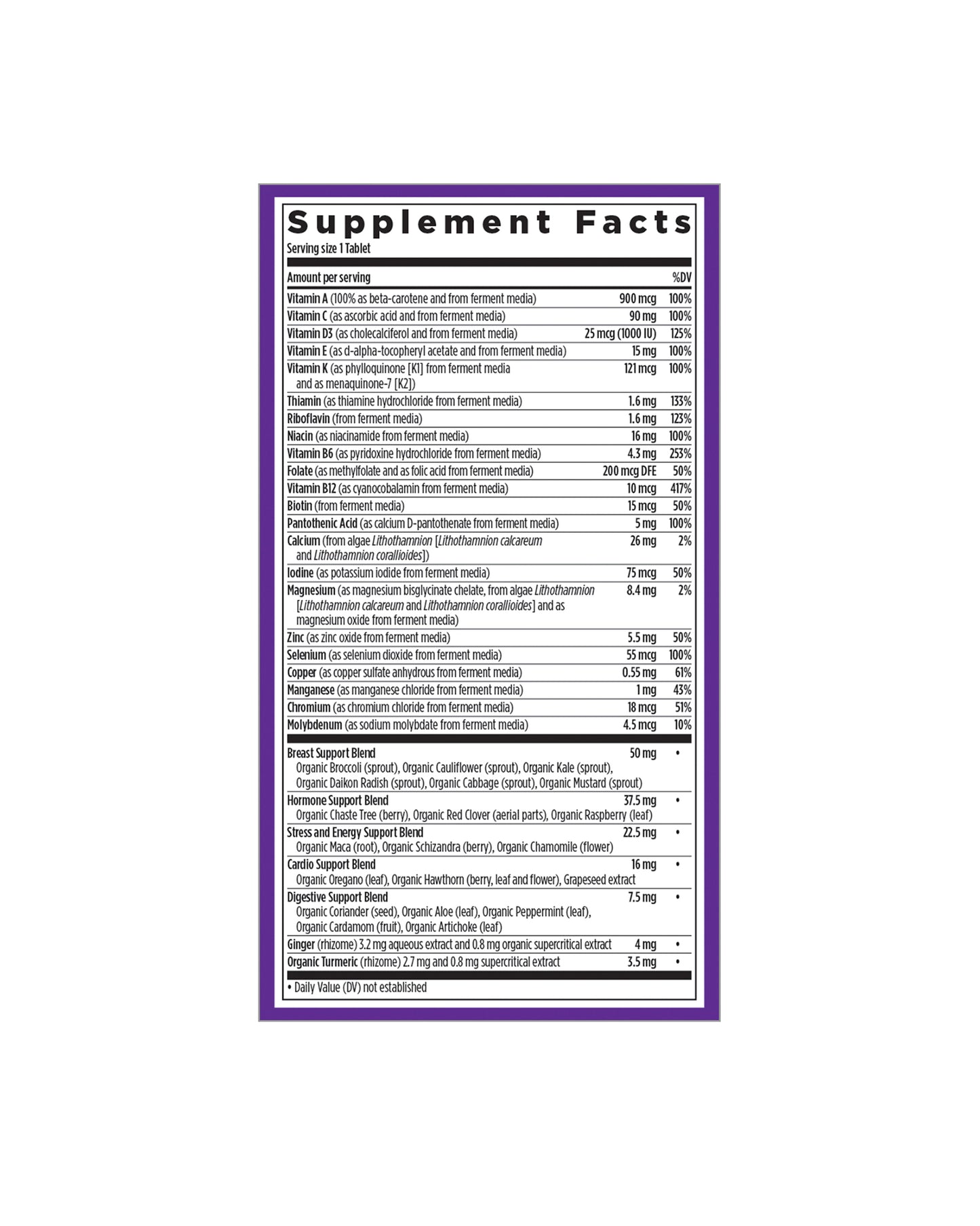 The nutrition panel of New Chapter Every Woman™'s One Daily 40+ Multivitamin Tablets