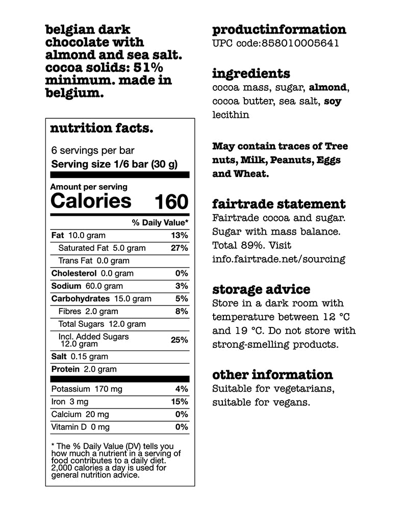 The nutrition panel of Tony's Chocolonely Dark Almond Sea Salt Chocolate