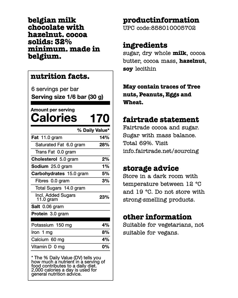 The nutrition panel of Tony's Chocolonely Milk Hazelnut Chocolate