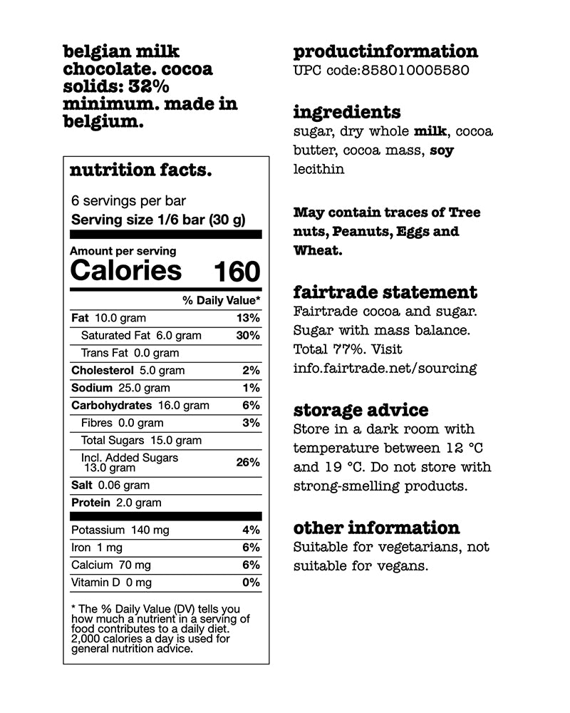 The nutrition panel of Tony's Chocolonely Milk Chocolate
