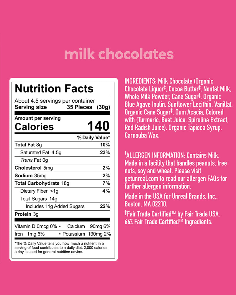 The nutrition panel of UNREAL Milk Chocolate Gems