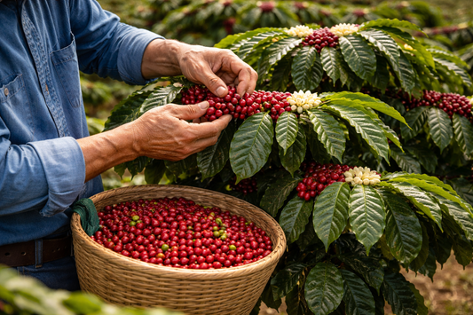 Harvesting fresh coffee cherries