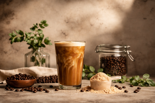 Coffee and protein powder on a counter with coffee beans