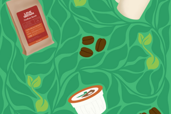Illustration of coffee packaging, beans, and a cup on a green leafy background