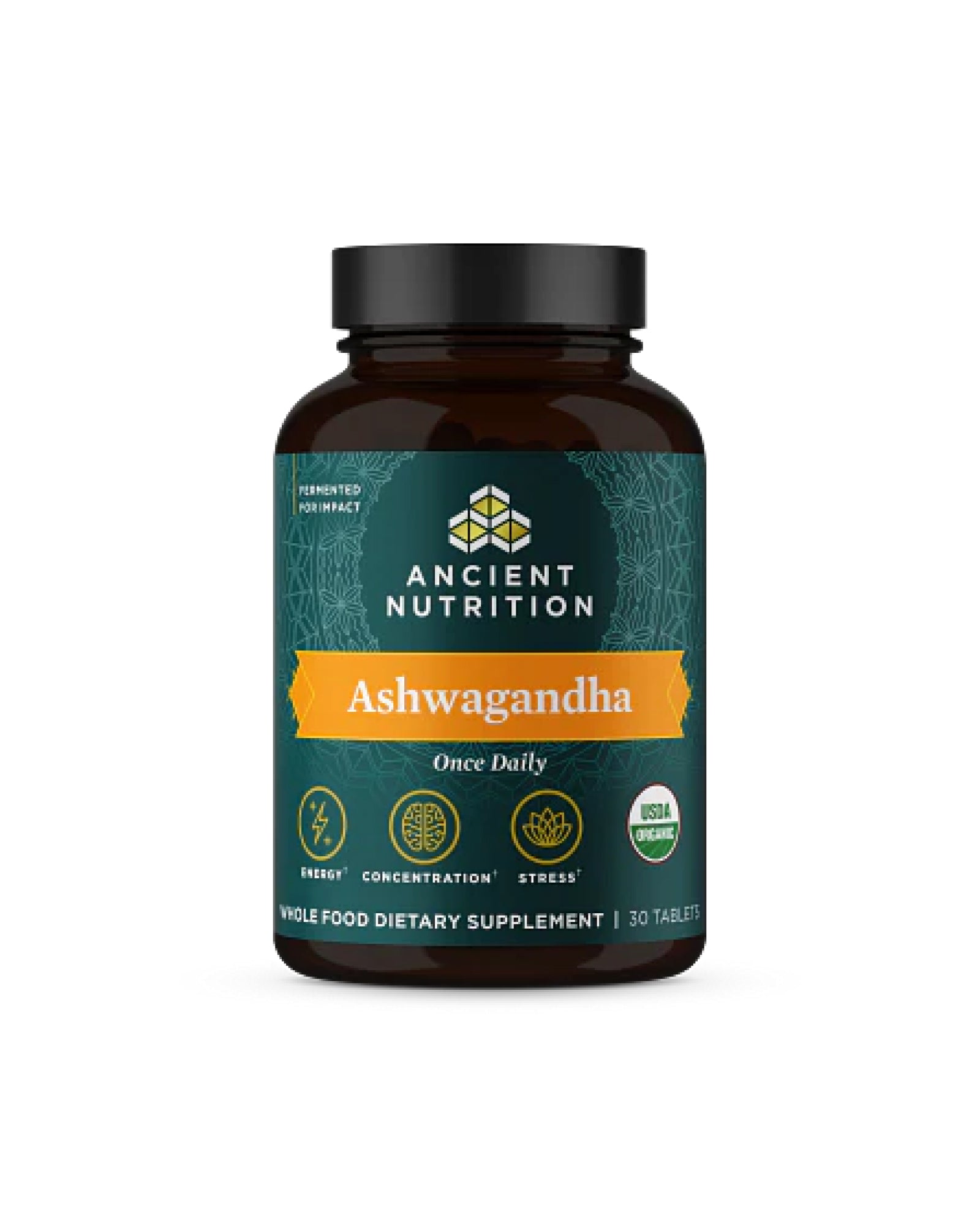 The front of Ancient Nutrition Organic Ashwagandha Tablets