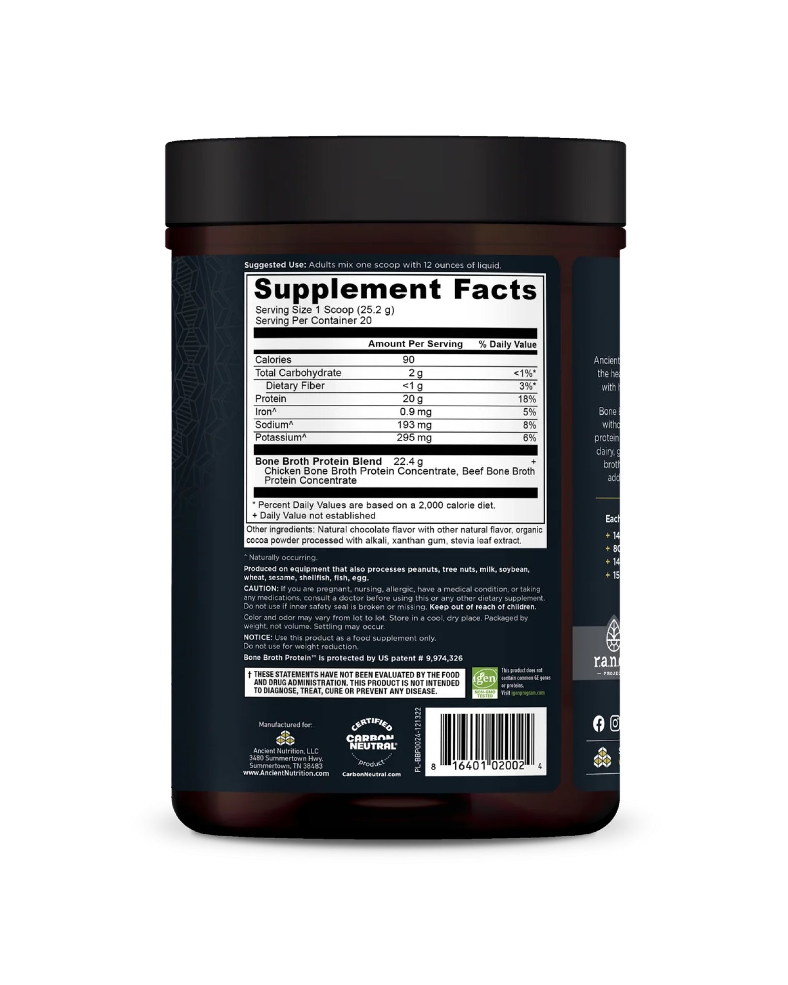 The back of Ancient Nutrition Chocolate Bone Broth Protein Powder