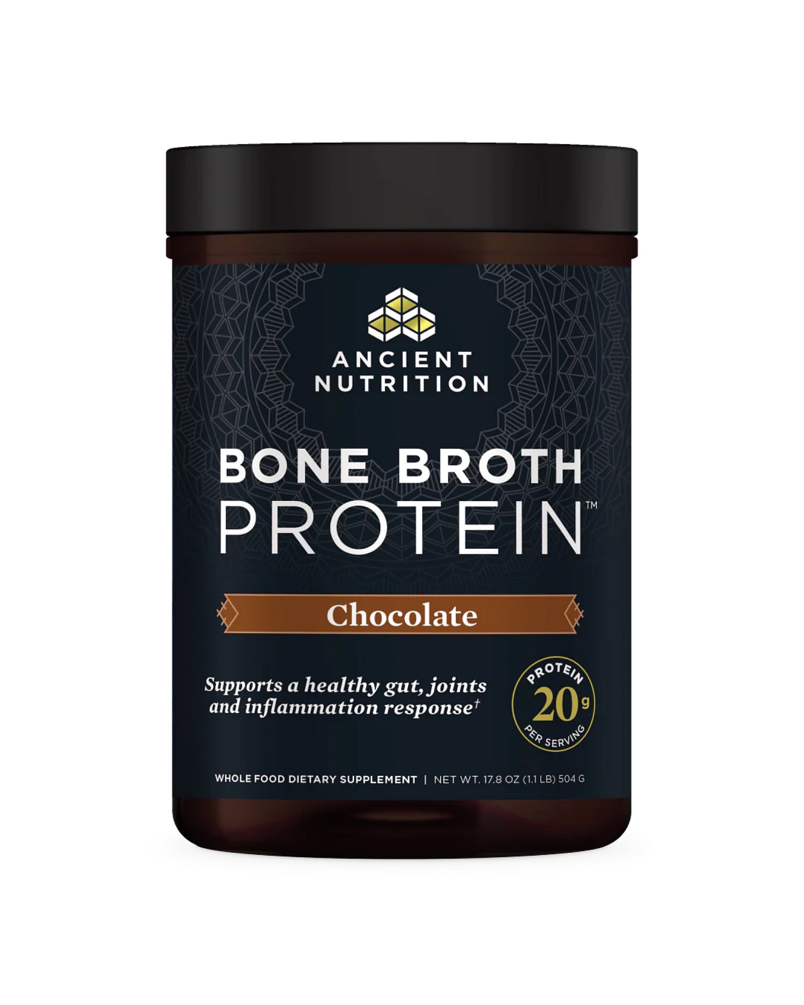 The front of Ancient Nutrition Chocolate Bone Broth Protein Powder
