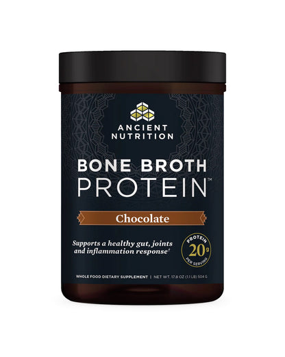 The front of Ancient Nutrition Chocolate Bone Broth Protein Powder
