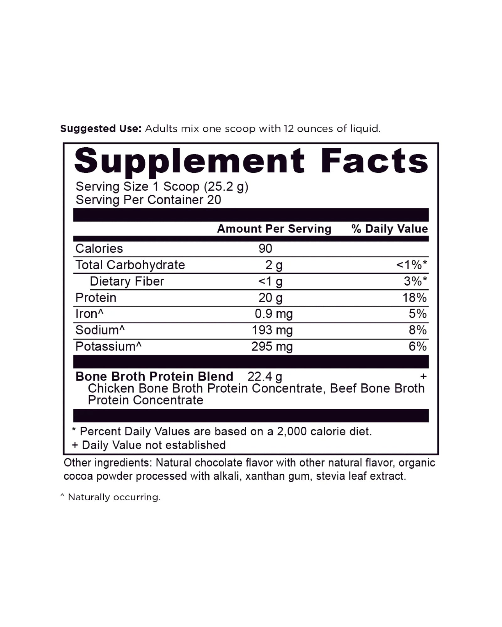 The nutrition panel of Ancient Nutrition Chocolate Bone Broth Protein Powder