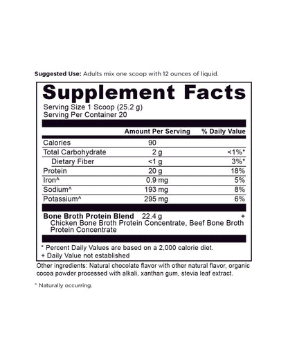 The nutrition panel of Ancient Nutrition Chocolate Bone Broth Protein Powder