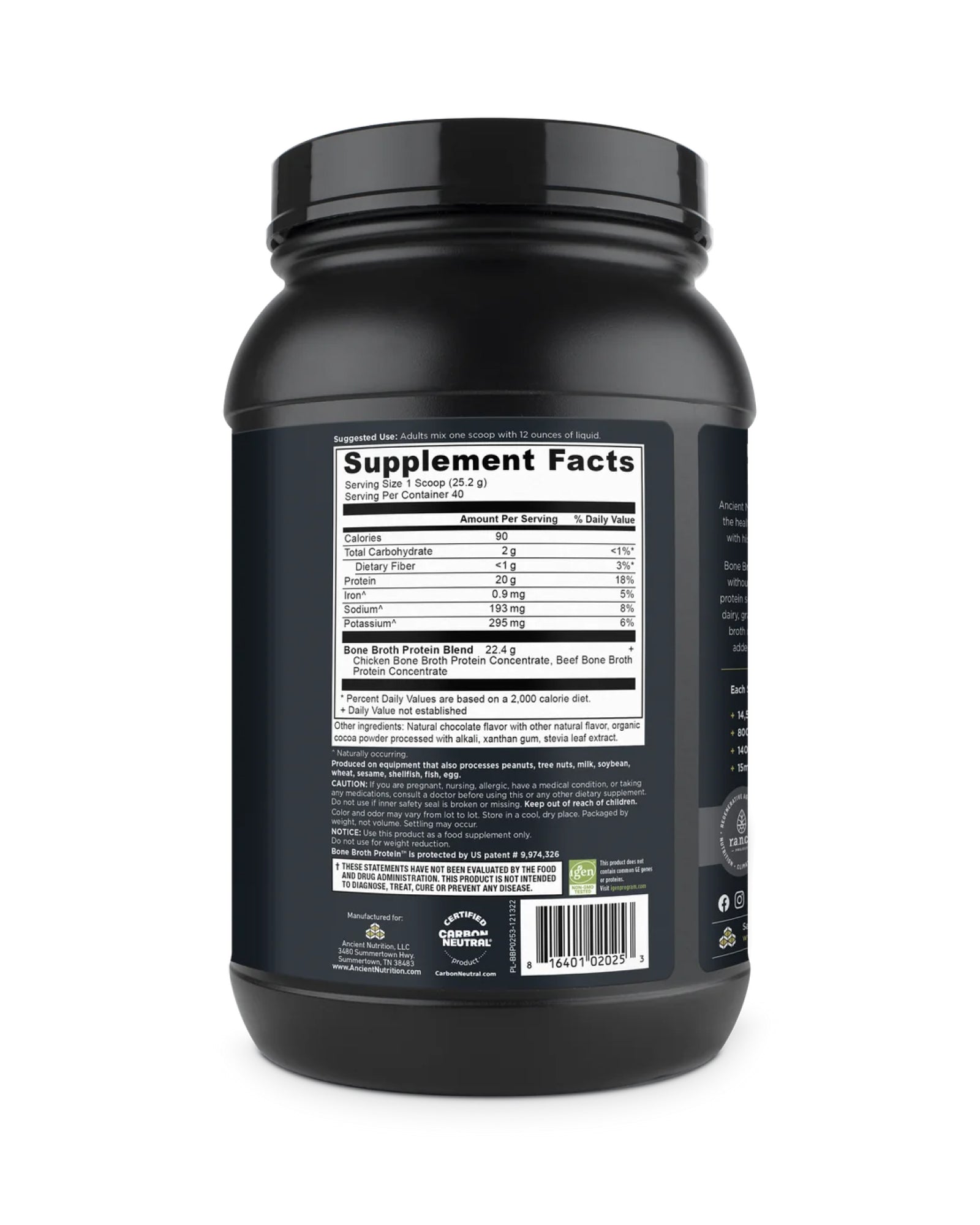 The back of Ancient Nutrition Chocolate Bone Broth Protein Powder