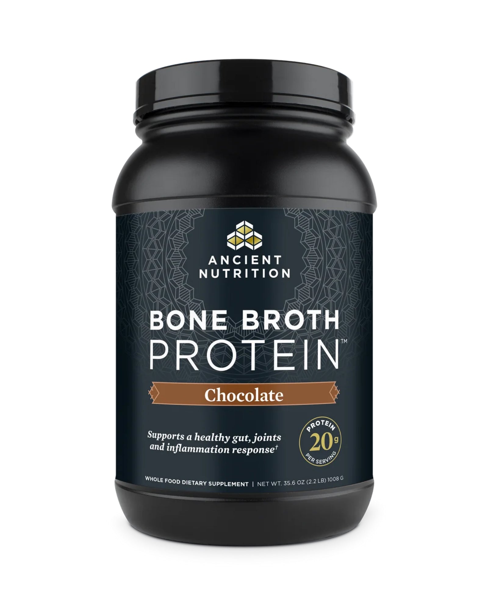 The front of Ancient Nutrition Chocolate Bone Broth Protein Powder