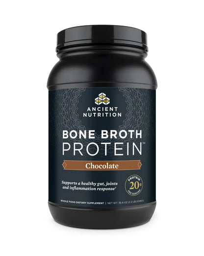 The front of Ancient Nutrition Chocolate Bone Broth Protein Powder