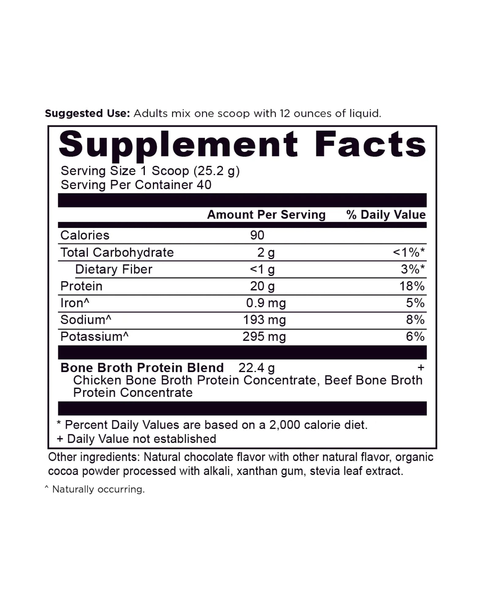 The nutrition panel of Ancient Nutrition Chocolate Bone Broth Protein Powder