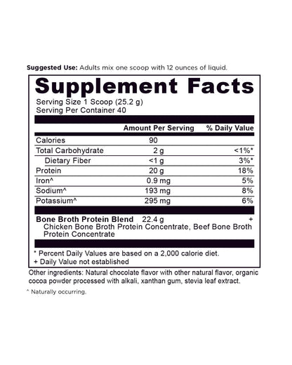The nutrition panel of Ancient Nutrition Chocolate Bone Broth Protein Powder