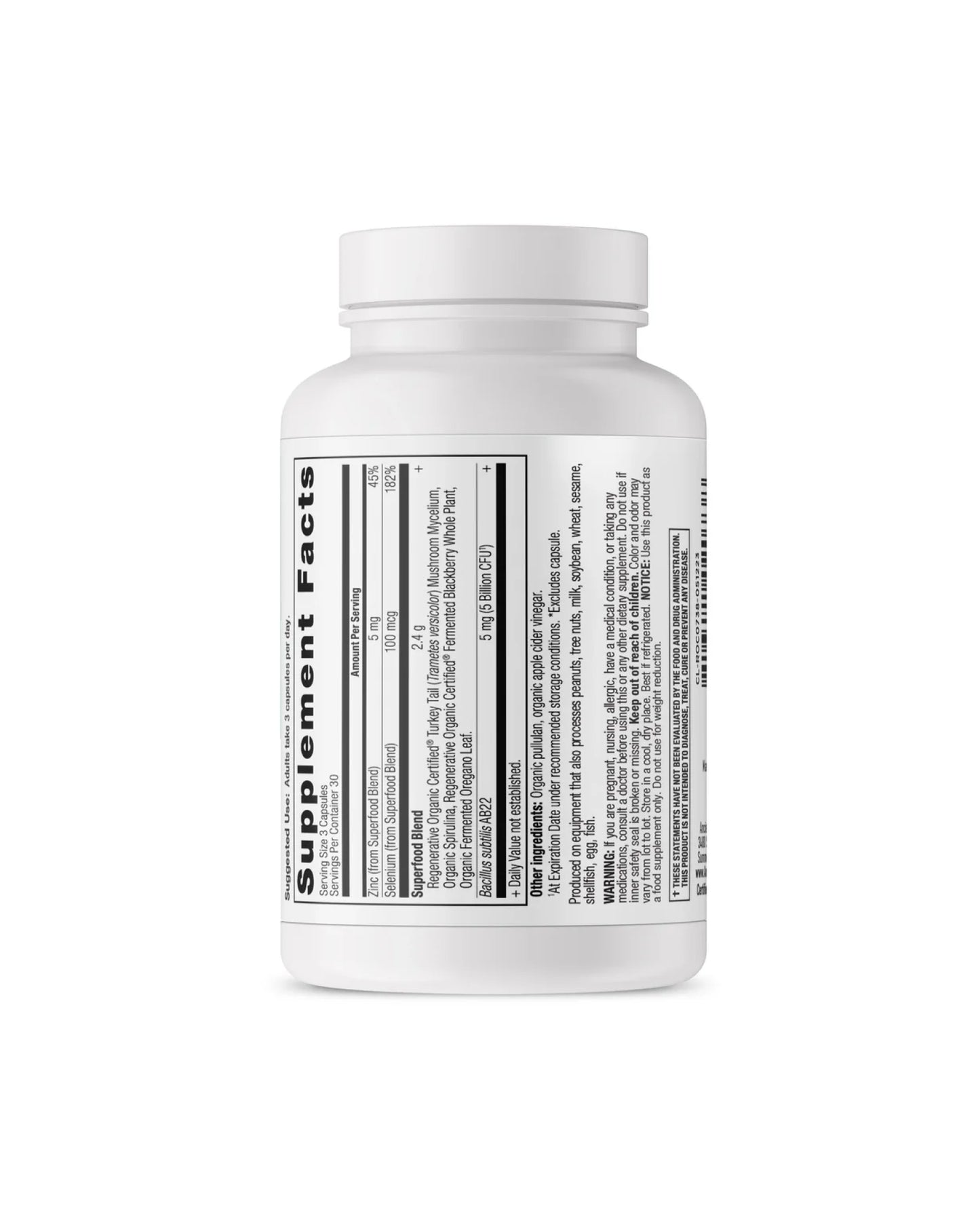 The back of Ancient Nutrition Regenerative Organic Certified™ Candida Balance Capsules