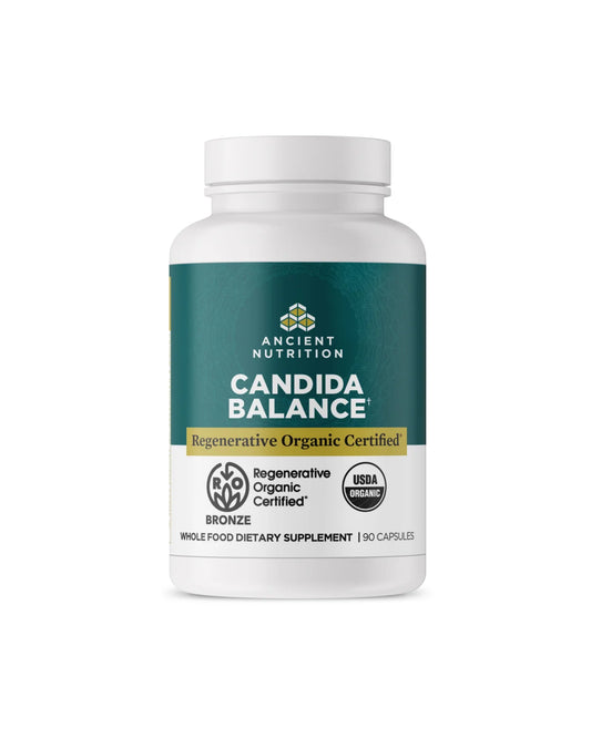 The front of Ancient Nutrition Regenerative Organic Certified™ Candida Balance Capsules