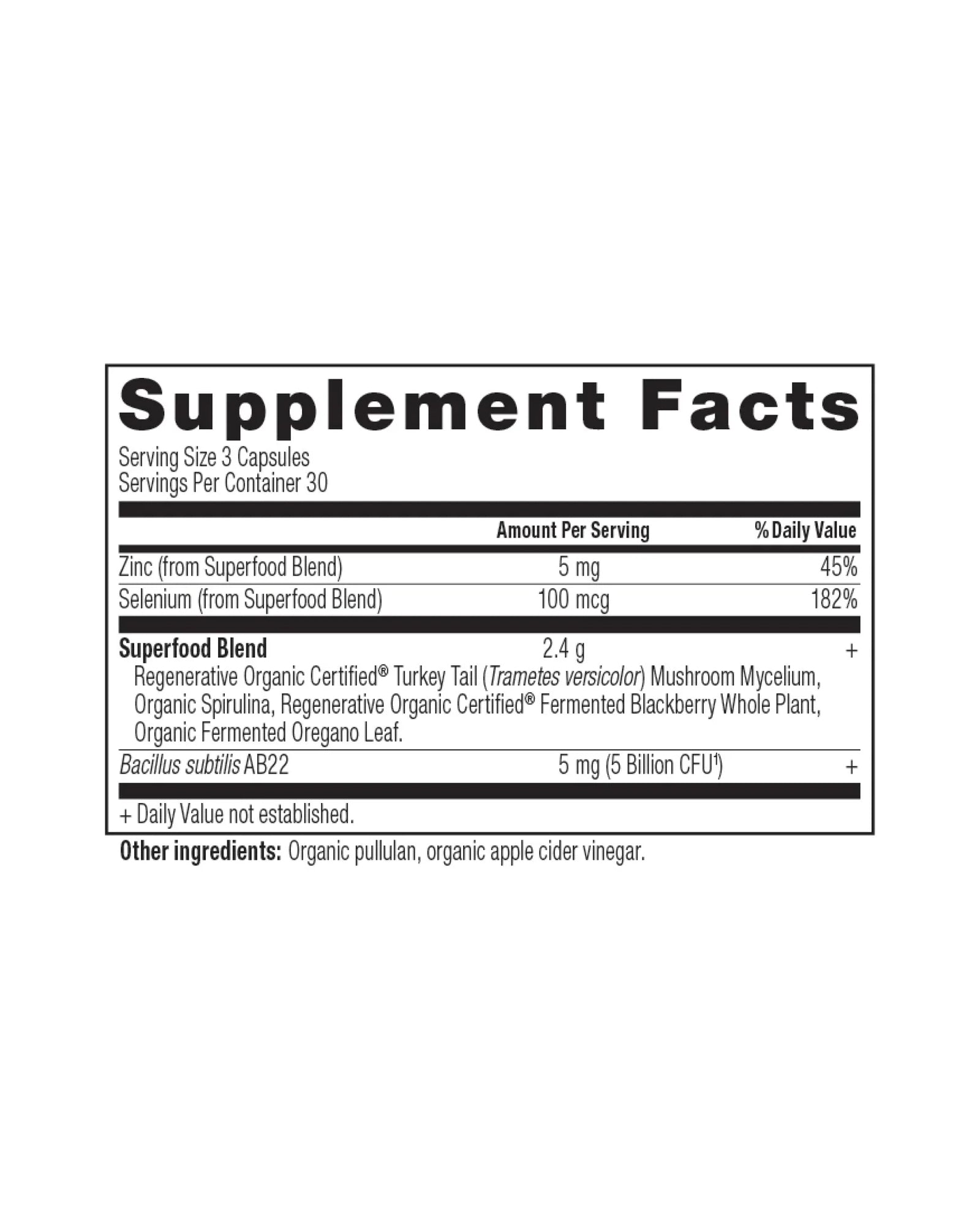 The nutrition panel of Ancient Nutrition Regenerative Organic Certified™ Candida Balance Capsules