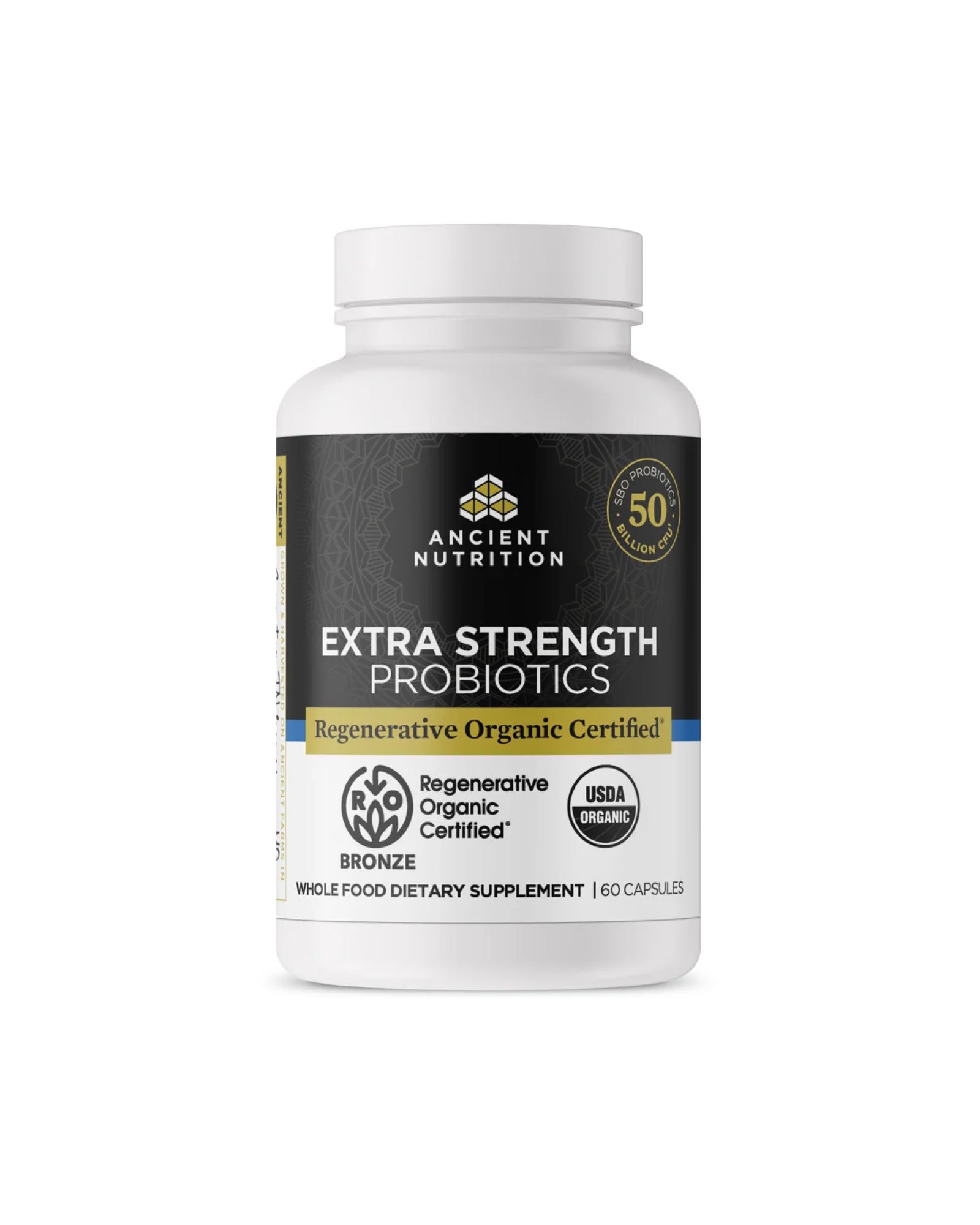 The front of Ancient Nutrition Regenerative Organic Certified™ Extra Strength Probiotics Capsules