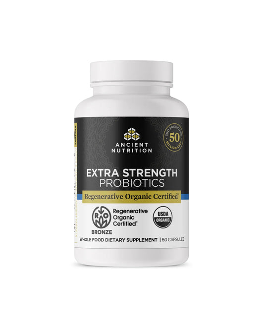 The front of Ancient Nutrition Regenerative Organic Certified™ Extra Strength Probiotics Capsules