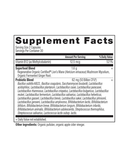 The nutrition panel of Ancient Nutrition Regenerative Organic Certified™ Extra Strength Probiotics Capsules