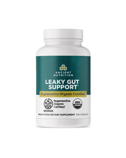 The front of Ancient Nutrition Regenerative Organic Certified™ Leaky Gut Support Capsules