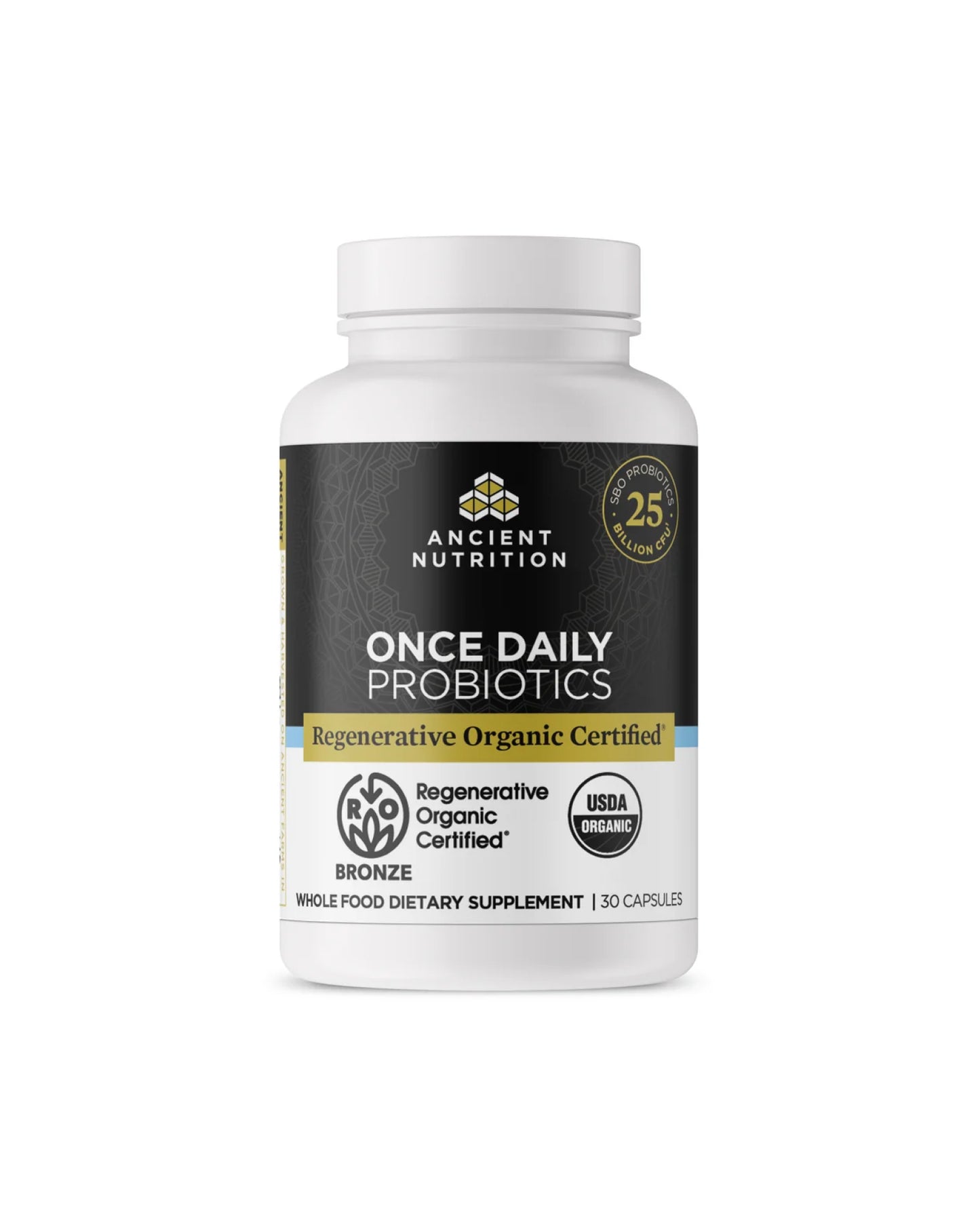 The front of Ancient Nutrition Regenerative Organic Certified™ Once Daily Probiotics Capsules