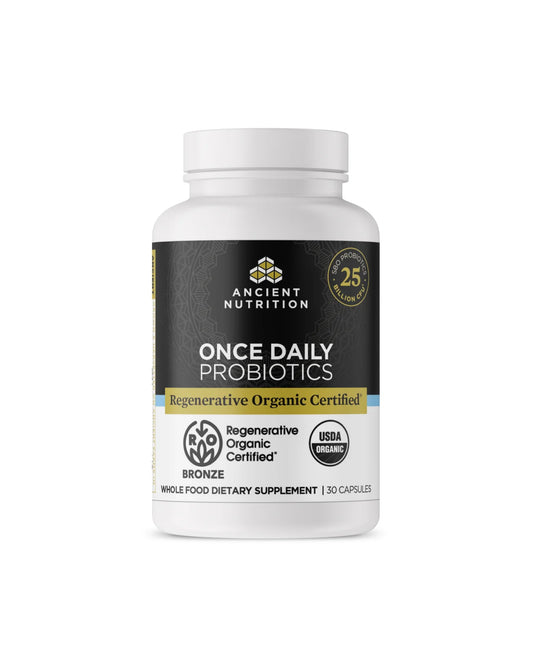 The front of Ancient Nutrition Regenerative Organic Certified™ Once Daily Probiotics Capsules