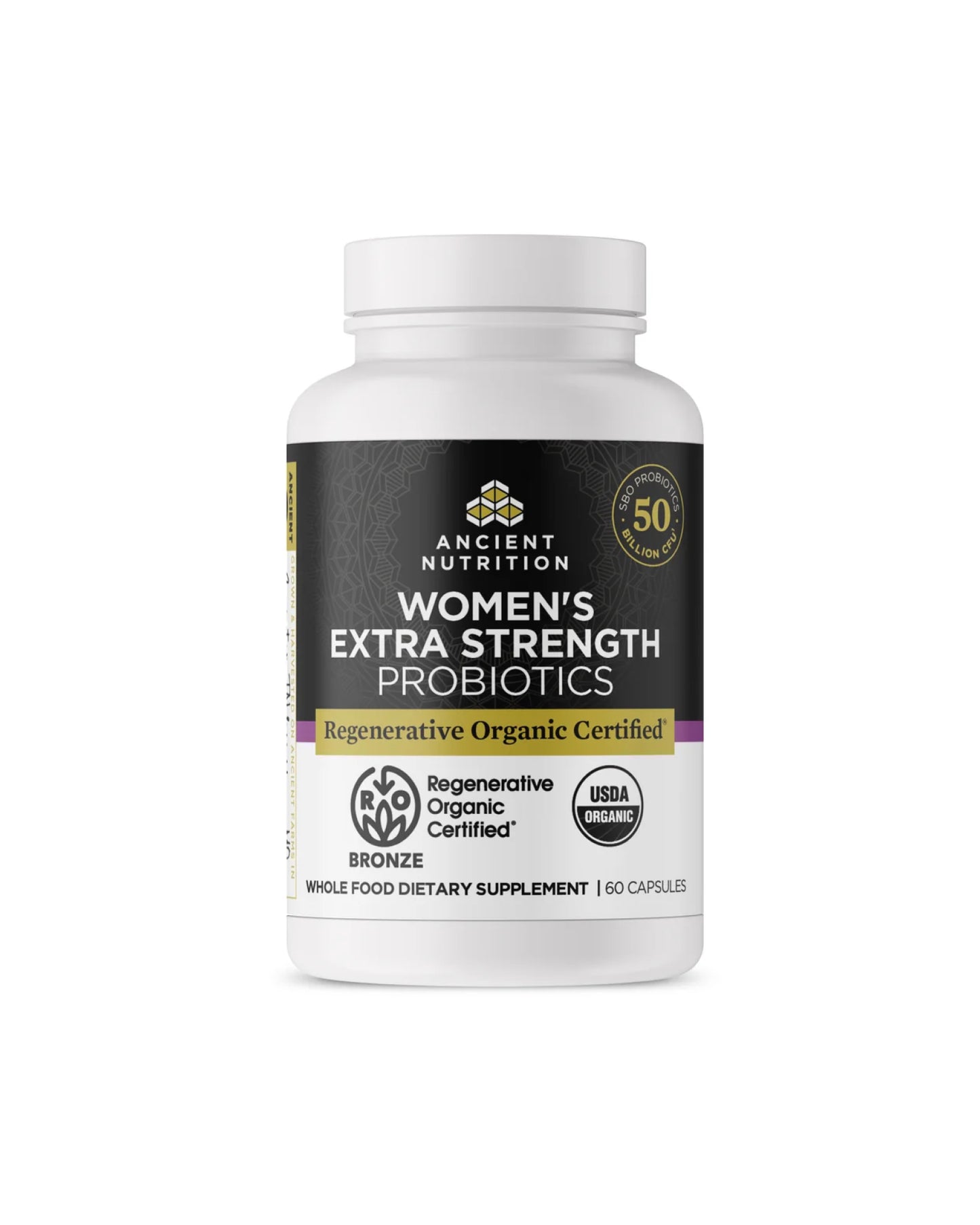 The front of Ancient Nutrition Regenerative Organic Certified™ Women's Extra Strength Probiotics Capsules