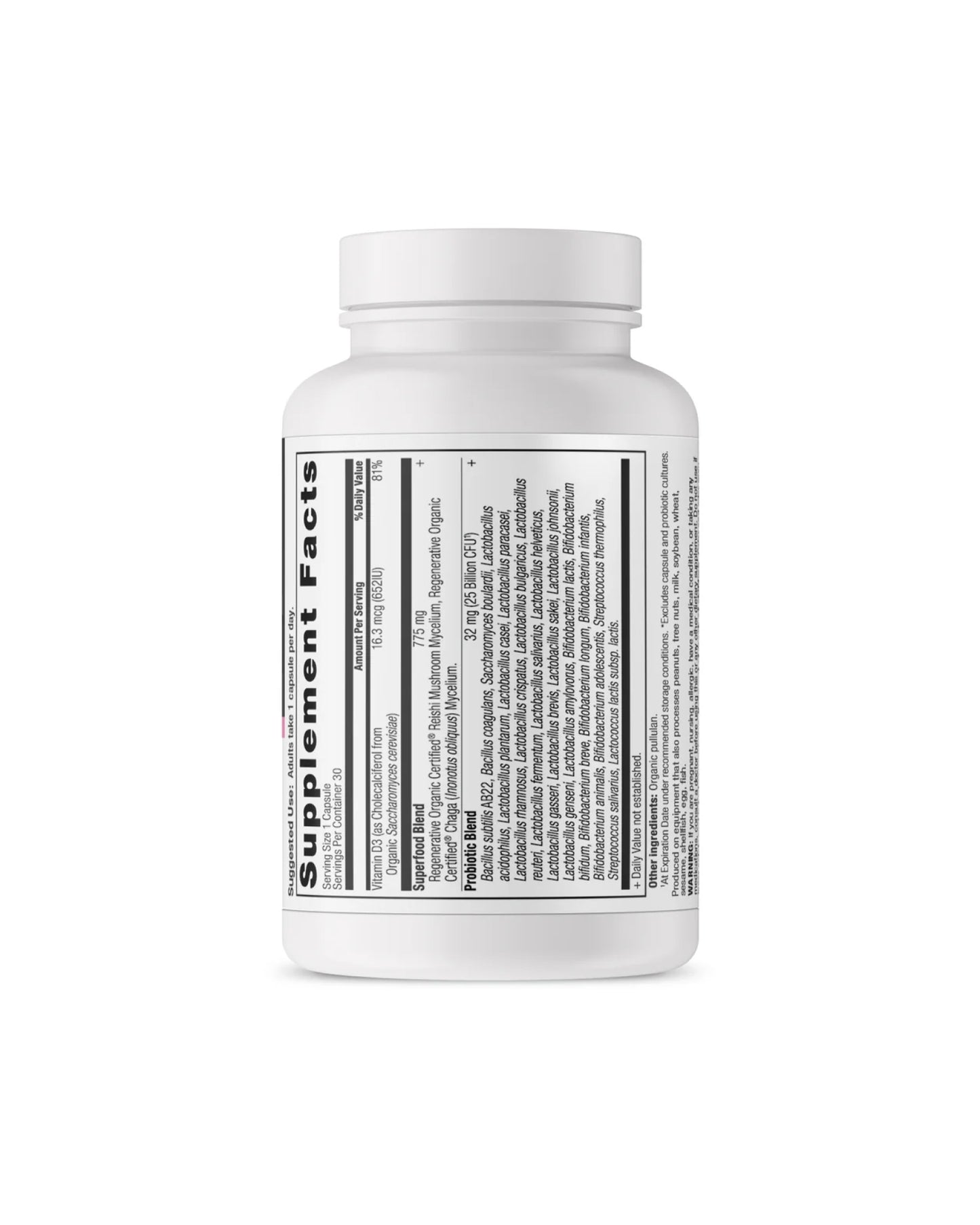 The back of Ancient Nutrition Regenerative Organic Certified™ Women's Once Daily Probiotics Capsules