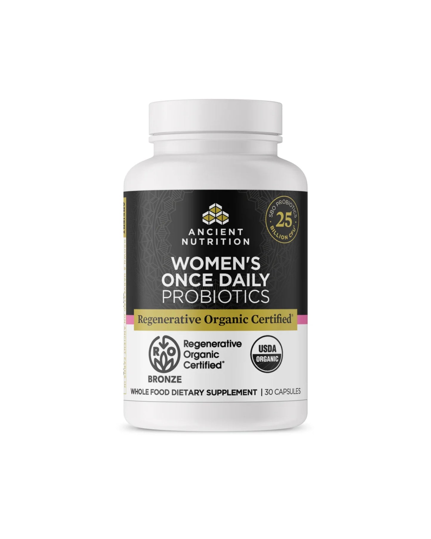 The front of Ancient Nutrition Regenerative Organic Certified™ Women's Once Daily Probiotics Capsules