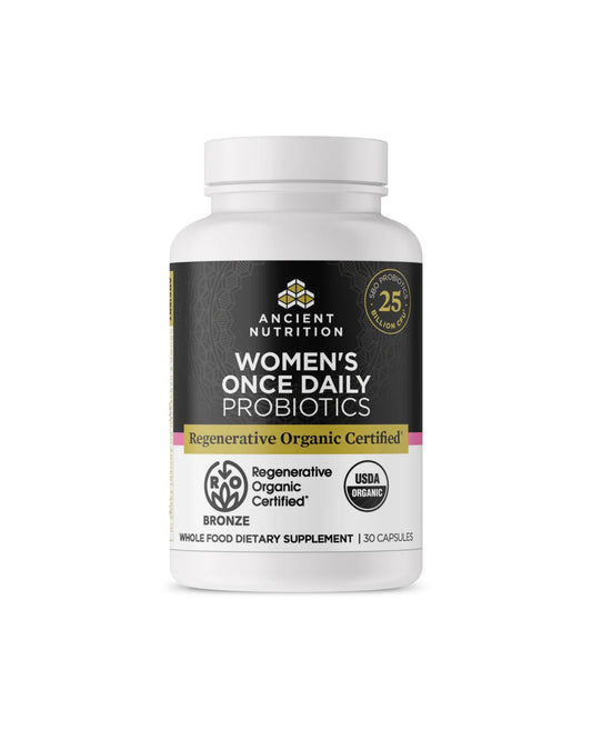 The front of Ancient Nutrition Regenerative Organic Certified™ Women's Once Daily Probiotics Capsules