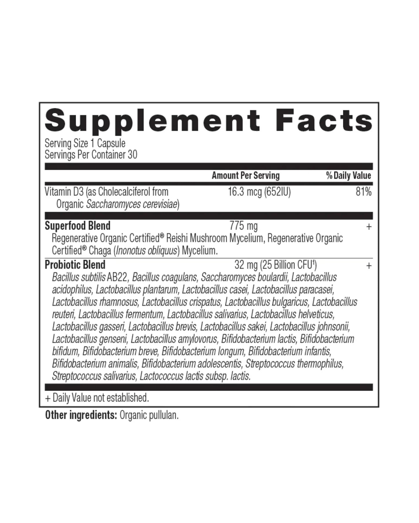 The nutrition panel of Ancient Nutrition Regenerative Organic Certified™ Women's Once Daily Probiotics Capsules