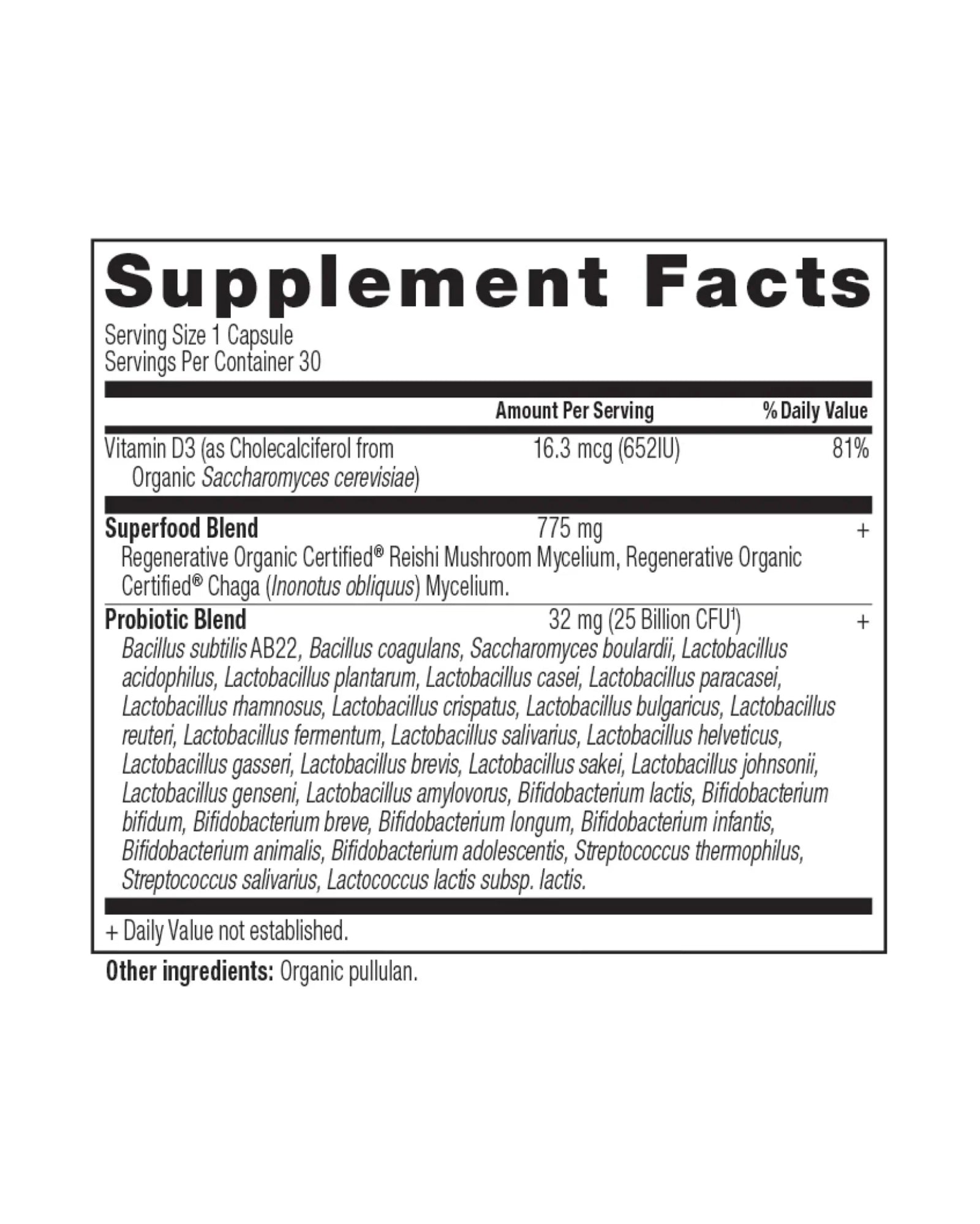 The nutrition panel of Ancient Nutrition Regenerative Organic Certified™ Women's Once Daily Probiotics Capsules